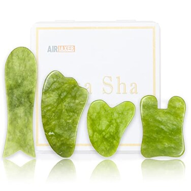 AIRLAXER Gua Sha Facial Tools SetGuasha Massage Kit for Face and BodyScraping Massage Board 4Piece Set Physical TherapyGusha Jade Stone Also be Used on The ChinNeck and Back Grass Green