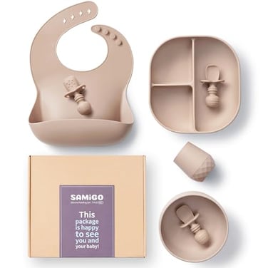 SAMiGO Silicone Baby Feeding Set Baby Led Weaning Supplies Suction Bowl Plate Bib Cup Self Feeding Spoons Solid Food Eating Essentials First Stage Utensils 6 Months