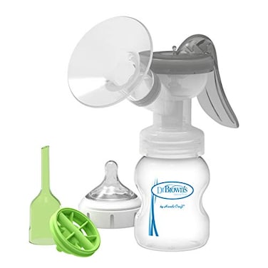 Dr. Brown's Dr Browns Manual Breast Pump with SoftShape 100 Silicone Shield B 25mm flange AntiColic Options WideNeck Baby Bottle 5 oz150 ml with Level 1 Slow Flow Nipple