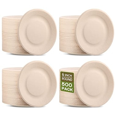 Mimorou 500 Counts 100 Compostable Paper Plates Bulk Heavy Duty Sugarcane Brown Disposable Paper Plates Bulk Small Dessert Party Appetizer Cakes Restaurant Party Supplies 6 Inch