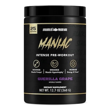 Anabolic Warfare Black Series Maniac PreWorkout Powder Supports Nitric Oxide Muscle Pumps and Protein Synthesis Guerilla Grape