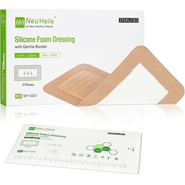 NEUHEILS Silicone Foam Dressing with Gentle Border for Postop Surgical Wounds 4x8 Absorbent Pad 2x6 Pack of 5 Silicone Wound Bandages for Cuts Abrasions Bed Sore Pressure Ulcer