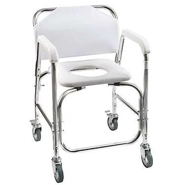 DMI Rolling Shower Chair Commode Transport Chair FSA Eligible Rolling Bathroom Wheelchair for Handicap Elderly Injured or Disabled 250 Lb Weight Capacity Aluminum Frame White