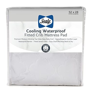 Sealy Baby Cooling Moisture Wicking Crib Mattress Protector Pad and Toddler Bed Cover Fitted Waterproof Infant Durable and Comfortable Topper Machine Washable Dryer Friendly 52x28 White