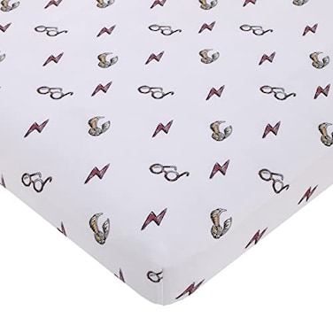 NoJo Warner Brothers Harry Potter White Red and Gold Lightning Bolt Golden Snitch and Glasses Nursery Fitted Mini Crib Sheet