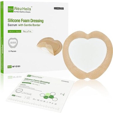 NEUHEILS Sacrum Silicone Foam Dressing with Gentle Border for Sacral Ulcer Pressure Ulcer Butt Bed Sore Size 7x7 49x53 Pad 5 Pack High Absorbency Silicone Adhesive Wound Bandage by NeuHeils