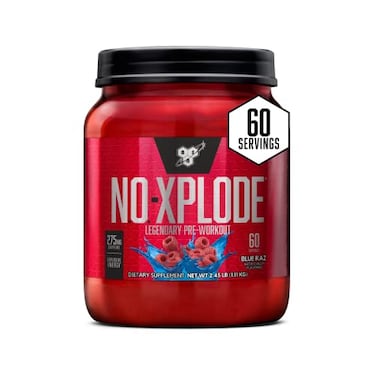 مسحوق BSN NOXPLODE مكمل غذائي قبل التمرين للرجال والنساء، غني بالكرياتين وبيتا ألانين، بنكهة التوت الأزرق، 60 حصة، وزن 245 رطلاً. قد يختلف شكل العبوة.