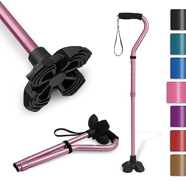 KINGGEAR F1 Walking Stick Walking Cane for Women Men Self Standing Walkers for Seniors with Wrist Strap Lightweight Sturdy Offset EVA Handle and Large Quad Base