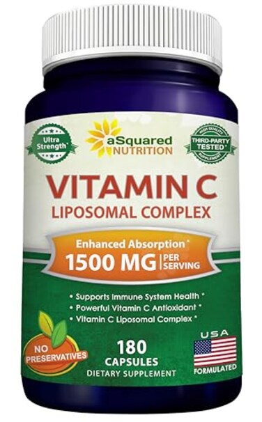 مكمل غذائي من aSquared Nutrition، مركب فيتامين سي الليبوزومي 1500 ملغ، 180 كبسولة، امتصاص عالٍ، أقراص فيتامين سي وحمض الأسكوربيك، يدعم جهاز المناعة وصحة الكولاجين، 90 حصة
