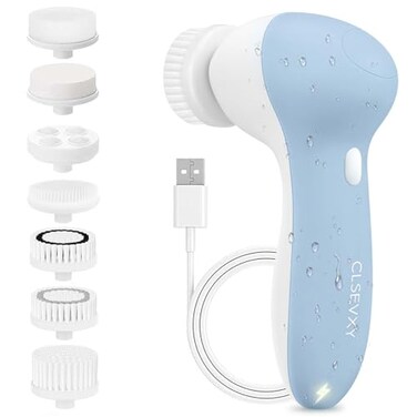 CLSEVXY Rechargeable Facial Cleansing Spin Brush Set with 7 Exfoliating Brush Heads Complete Face Spa System by Advanced Microdermabrasion for Gentle Exfoliation and Deep Scrubbing