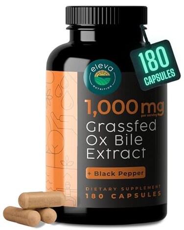 Eleva Nutrition GrassFed Ox Bile 1000mg Extract Digestive Enzymes Support Ox Bile Salts for No Gallbladder Supplements with Black Pepper Supports Digestive Health Bovine Salts Supplement 180 Count