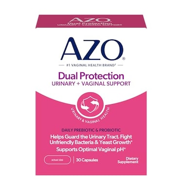 AZO Dual Protection لدعم صحة المسالك البولية والمهبلية، يحتوي على البريبايوتكس والبروبيوتكس للنساء، يبدأ مفعوله خلال 24 ساعة، غير معدل وراثيًا، 30 قرصًا