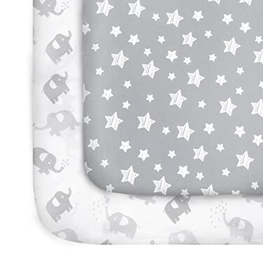 Moonsea Pack and Play Sheets 2 Pack Mini Crib Sheets Stretchy Playard Fitted Sheet Compatible with Graco Pack n Play Soft and Breathable Material Stars Elephant