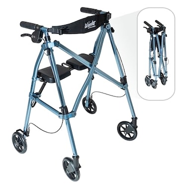 جهاز المشي القابل للطي والخفيف الوزن من Stander Space Saver Rollator مزود بمقعد لكبار السن والبالغين، بأربع عجلات مقاس 6 بوصات، مزود بفرامل قفل، ومقعد مبطن مع مسند ظهر، باللون الأزرق الكوبالت.