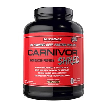 MuscleMeds Carnivor Shred، بروتين لحم بقري معزول متحلل لحرق الدهون، خالٍ من اللاكتوز، خالٍ من السكر، خالٍ من الدهون، بنكهة الشوكولاتة، يتحمل وزنًا يصل إلى 435 رطلاً.
