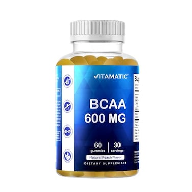 Vitamatic BCAA Gummies Branch Chain Amino Acid Supplements Peach Flavor 600mg per Serving 60 Vegan Pectin Based Gummies 1 Bottle