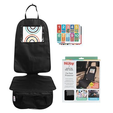 Nuby x Safe In The Seat Car Seat Protector Compatible with Rear Forward Facing Car Seats Visual Learning Pocket Mesh Storage Adjustable Strap