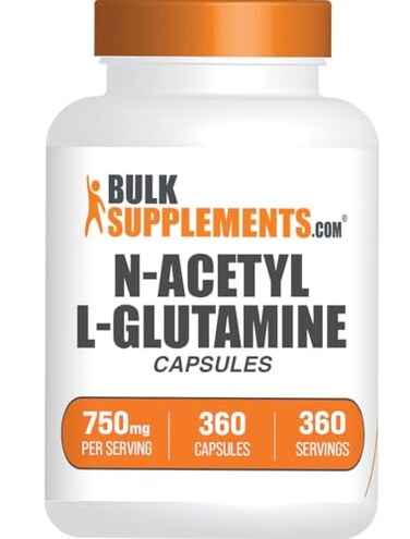 كبسولات غلوتامين N-أسيتيل إل من BulkSupplements.com، مكمل غذائي من الغلوتامين والأحماض الأمينية، خالٍ من الغلوتين، كبسولة واحدة لكل حصة، 750 ملغ، 360 كبسولة، عبوة واحدة.