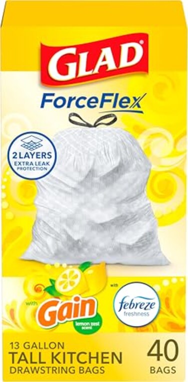 Glad ForceFlex Tall Kitchen Trash Bags 13 Gallon Gain Lemon Zest 40 Count Package May Vary