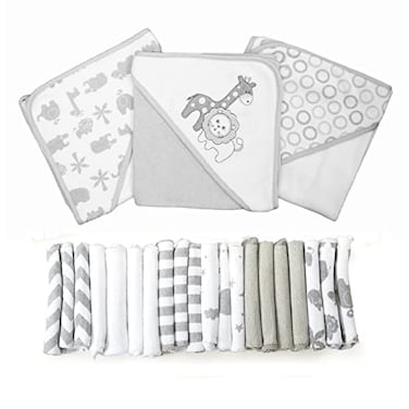 Spasilk Bath Hooded Towels Baby Washcloths Set Baby Bath Essentials for Everyday Use 23Piece Gift Set Gray Lion