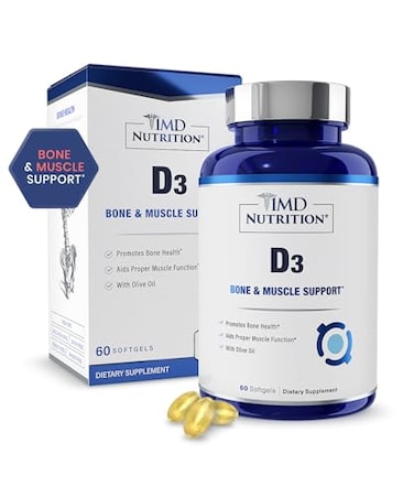 كبسولات جيلاتينية من فيتامين د3 من 1MD Nutrition، 5000 وحدة دولية، لصحة العظام ووظائف العضلات ودعم المناعة. خالٍ من القمح وغير معدل وراثيًا، مع زيت الزيتون. تكفي لشهرين.