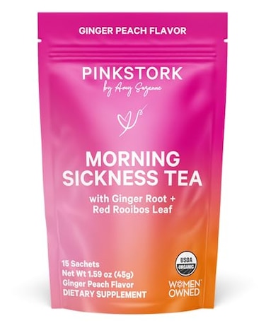 Pink Stork Organic Morning Sickness Pregnancy Tea Hot or Iced Tea Prenatal Heartburn Indigestion and Constipation Support 1st Trimester Pregnancy Must Haves Ginger Peach 15 Sachets