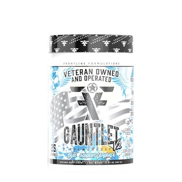 مسحوق ما قبل التمرين Gauntlet من FRONTLINE FORMULATIONS، لتمارين مكثفة، تركيز عالٍ، تحفيز متوسط، نكهة رائعة، مملوك ومدار من قبل محاربين قدامى، 25 حصة، بنكهة عصير الليمون وجوز الهند الأزرق