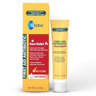 Globe First Aid Antibiotic Burn Relief Maximum Strength Triple Antibiotic Ointment for 24Hour Infection Protection 2 Ounce