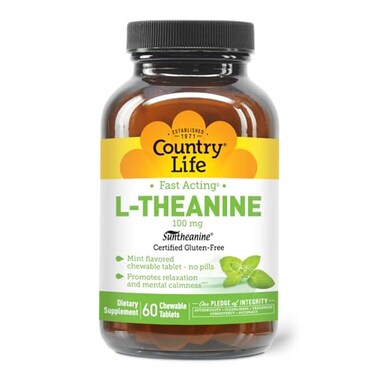 Country Life LTheanine FastActing 100mg 60 Chewable Tablets Mint Flavored Certified Gluten Free Certified Vegan