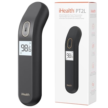 مقياس حرارة iHealth بدون لمس للبالغين والأطفال، تنبيه ملون، وضع صامت، قياس دقيق للحرارة في ثانية واحدة، محمول للاستخدام المنزلي والسفر، PT2L أسود
