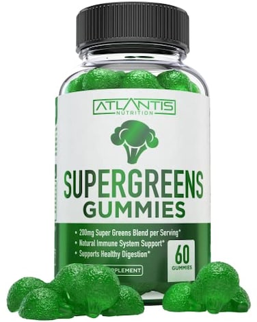 Atlantis Nutrition Supergreens Gummies Daily Green Superfoods Supplement with Spinach Broccoli Moringa Beet Root Celery Green Tea Acai for Immunity Support Natural Raspberry Flavor 60 cnt