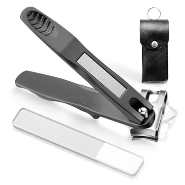 ILLFER 360 Rotating Nail Clippers for Seniors with Thick Hard Nails Heavy Duty Toenail Clipper for Elderly Arthritis Limited Mobility Ergonomic Long Handle Wide Jaw Stainless Steel Black