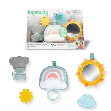 Ingenuity Calm Springs Soothing Essentials Gift Set Musical Toy Rattle Mirror 2 Teethers for Baby