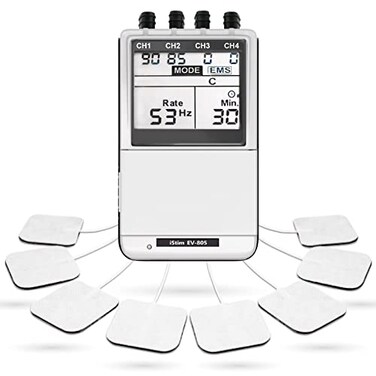 iSTIM EV805 TENS EMS 4 Channel Rechargeable Combo Machine Unit Muscle Stimulator Back Pain Relief and Management 24 ProgramsBacklit Including Electrodes Pads