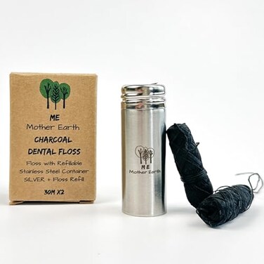 ME MOTHER Vegan Biodegradable Bamboo Charcoal Dental Floss with Refillable Stainless Steel Container 33yds x2 Extra Floss Refill Natural Candelilla Wax Peppermint Eco Zero Waste Oral Care