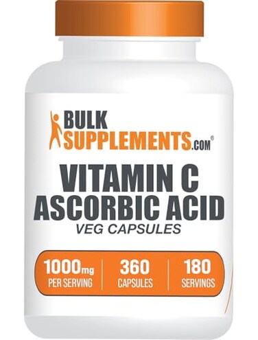 كبسولات حمض الأسكوربيك من BulkSupplements.com، فيتامين سي 1000 ملغ، مكمل غذائي نباتي خالٍ من الغلوتين، كبسولتان لكل جرعة، 360 كبسولة، عبوة واحدة.