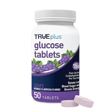 TRUEplus Glucose Tablets Chewable Grape Flavor 15g FastActing Carbohydrates Fat Free Gluten Free Boost Energy 50 Count