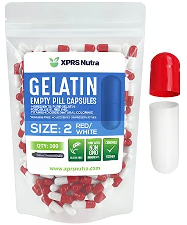 XPRS Nutra Size 2 Empty Capsules 100 Count Empty Gelatin Capsules Pills DIY Capsule Filling Pure Bovine Pill Gel Caps for DoItYourself Supplements RedWhite