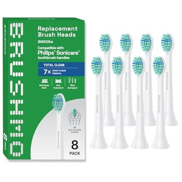 رؤوس فرشاة أسنان بديلة من Brushmo Total Clean، متوافقة مع مقابض فرشاة الأسنان الكهربائية Philips Sonicare Clickon، 8 رؤوس صغيرة الحجم للمناطق التي يصعب الوصول إليها، شعيرات دوبونت ناعمة، BM628 أبيض