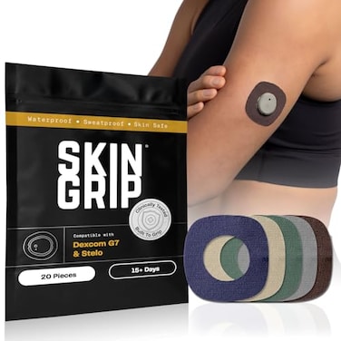 لاصقات Skin Grip متوافقة مع جهاز Dexcom G7 Stelo CGM، مزودة بغطاء مقاوم للماء والعرق، لحماية مستشعر جهاز مراقبة الجلوكوز المستمر لمدة 10-15 يومًا. عبوة أساسية من 20 لاصقة.