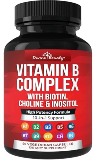 Divine Bounty Super B Complex Vitamins All B Vitamins Including B12 B1 B2 B3 B5 B6 B7 B9 Folic Acid Vitamin B Supplement Support Healthy Energy Metabolism 90 Vegetarian Capsules