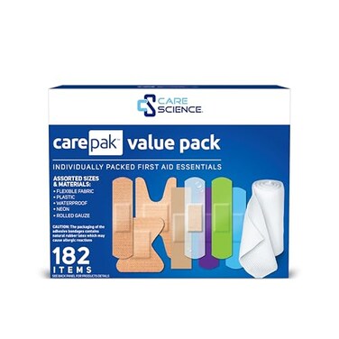 Care Science CarePak Variety Pack 182pc Assorted Includes Sheer Waterproof Plastic Bandages and Rolled Gauze Breathable Protection for Use on Minor Cuts Scrapes and Burns