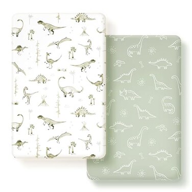 GRSSDER Pack n Play Sheets Fitted 2 Pack Stretchy Ultra Soft Pack and Play Sheets Universal Fitted PortableMini Crib Mattresses Snug and Safe Jersey Crib Sheets for Boys Dinosaurs