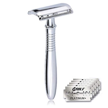 BAILI Classic 3Piece Metal Double Edge Eco Safety Razor Long Handle Wet Shaving Kit for Men Women with 5 Platinum Blades BD191