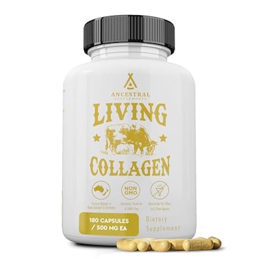 Ancestral Supplements Grass Fed Beef Living Collagen Nutritional Powder Supplement 3000mg Promotes Healthier Younger Looking Skin Hair Nails and Joints Type II 180 Capsules