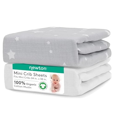 Newton Baby Fitted Mini Crib Sheets 2Pack Organic Muslin Cotton Breathable Soft Baby Sheets Washable Baby Mattress Sheets Fits Any Mini Sized Crib 24 x 38 Stardust Twilight Grey White