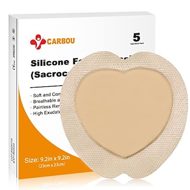 Carbou Silicone Sacrum Foam Dressing 9x923cm x23cm Bordered Adhesive Sacral Foam DressingSoft Bed Sore BandagesWound Care ProductsBox of 5 Dressings