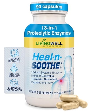 مكمل غذائي للمفاصل من HEAL-N-SOOTHE، يحتوي على إنزيمات بروتينية جهازية، بروميلين، باباين، بوسويليا، لتحسين حركة المفاصل، مرونة العضلات، هضم البروتين، صحة الدورة الدموية، ودعم المناعة. عبوة واحدة تحتوي على 90 كبسولة.