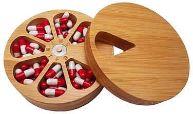 fashciaga Bamboo Wood Daily Weekly Vitamin Medicine Pill Organizer Case BoxKitchen Salt Spice Cellar ContainersEarring Ring Jewelry Storage Decorative Box Large