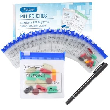 Serfeymi 32 Pcs Pill Pouch Bags for Travel Reusable Plastic Bags 3 x 3 Inches 12 mil Double Sided Translucent Zippered Pill Pouches for Medicine with Slide Lock Writable Label1 Pc Marker Blue